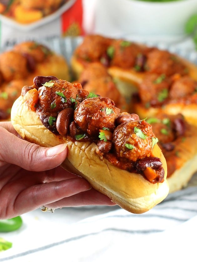 Close up of a crockpot meatball sandwich