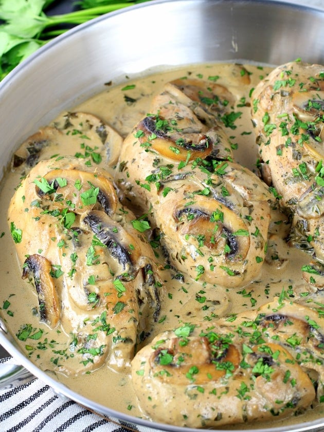 Pan of chicken with creamy parmesan mushroom sauce