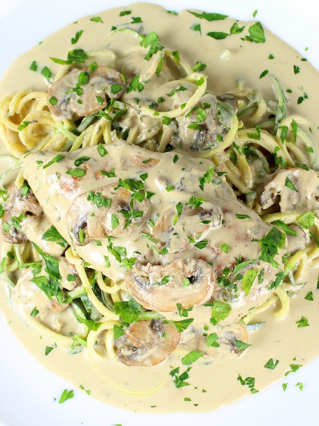 Plate of zucchini noodles with parmesan mushroom sauce