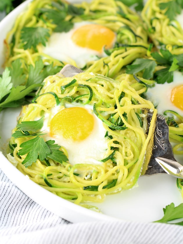 Zoodle Egg Nests - One egg in nest on spatula