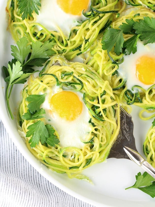 Zoodle Egg Nests Recipe &amp; Image - Egg In Zoodle Nest Over Top