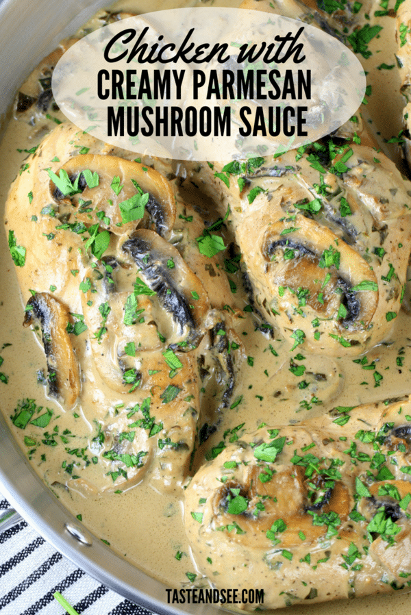 Sautéed chicken in a cheesy savory sauce with no heavy cream! Tender chicken, mushrooms, cream cheese, Parmesan, Worcestershire, parsley, onions & garlic. #healthy #creamy #chicken #mushrooms #tasteandsee || https:/tasteandsee.com ||