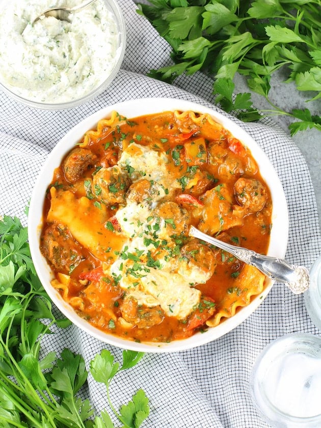 Bowl of Chicken Sausage Lasagna Soup with Ricotta