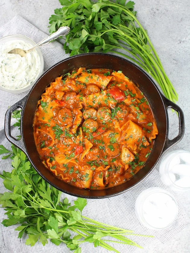 Chicken Sausage Lasagna Soup - Cooked Pot of Soup Wide Shot