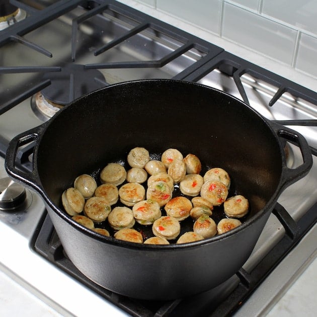 Cooking Chicken Sausage in large soup pot on stovetop