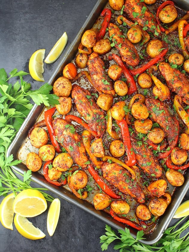 Harissa Chicken Sheet Pan Dinner - partial pan over the top