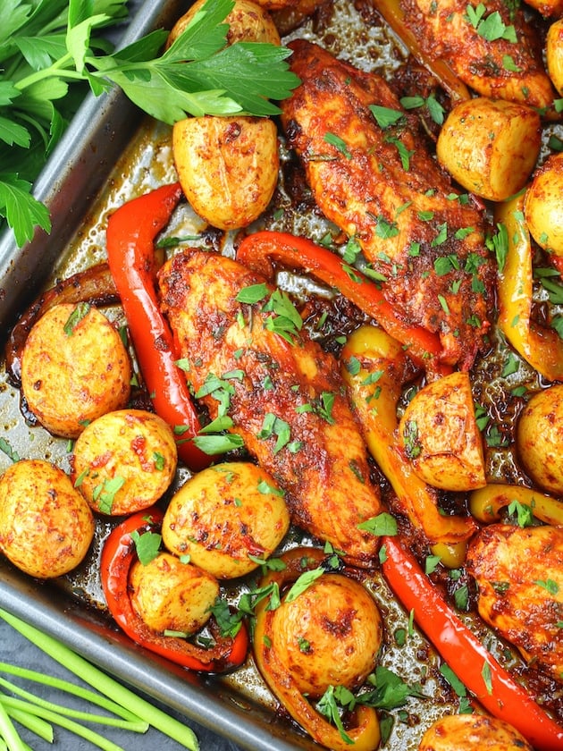 partial pan ot Harissa Chicken Sheet Pan 