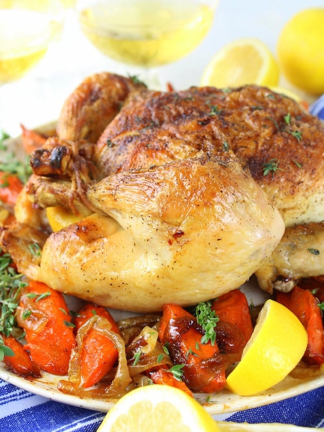 Lemon Thyme Oven Roasted Chicken on Platter eye level