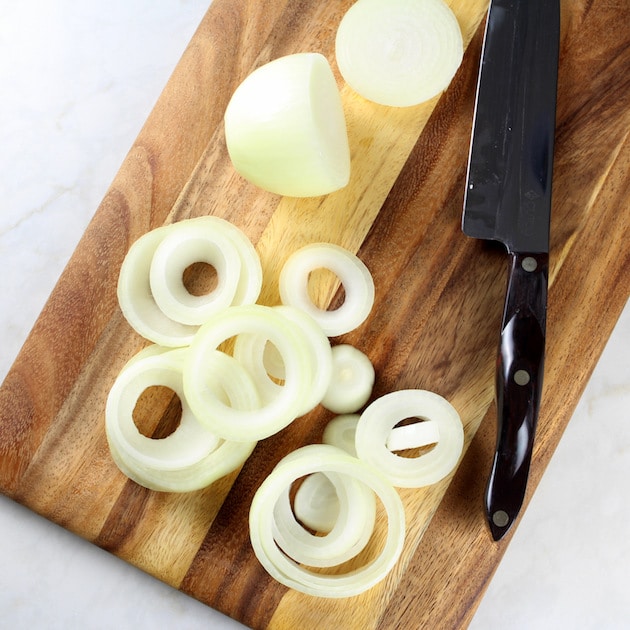  Chopped onions on cutting board