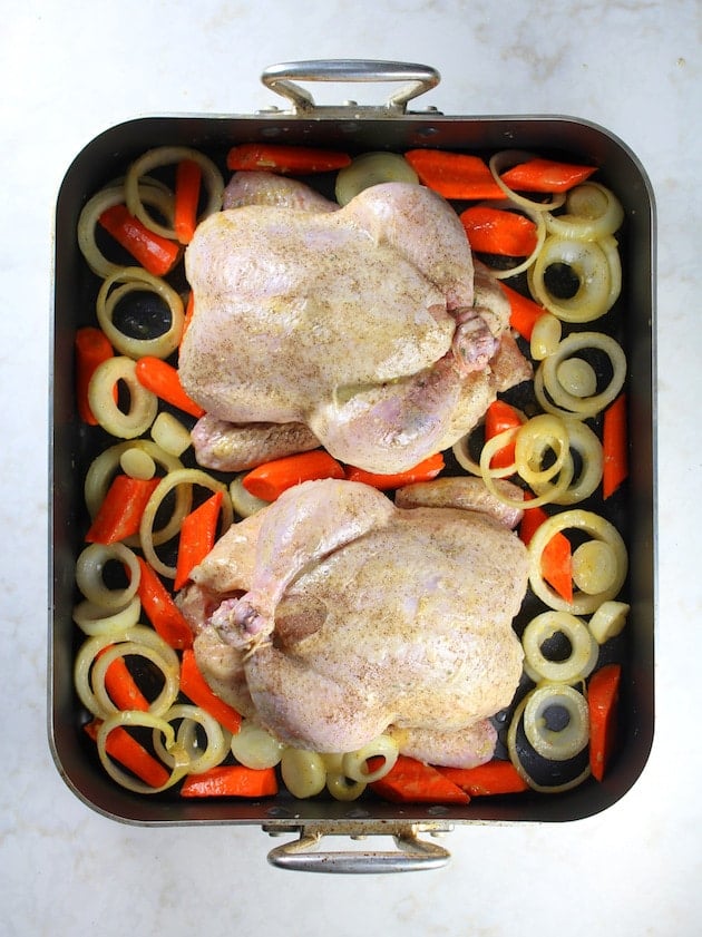 Lemon Thyme Oven Roasted Chicken - uncooked chickens in roaster pan