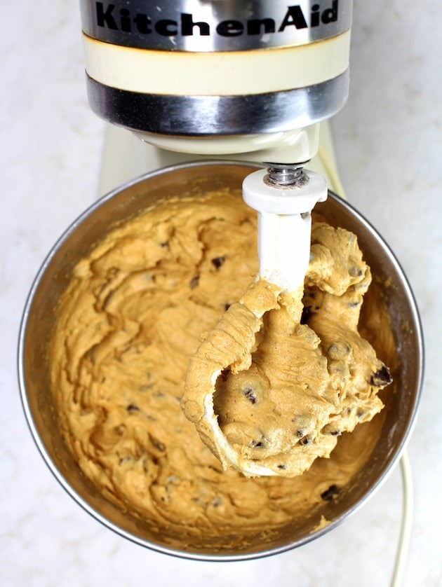 Pumpkin Chocolate Chip Brownies - mixing in the chocolate chips