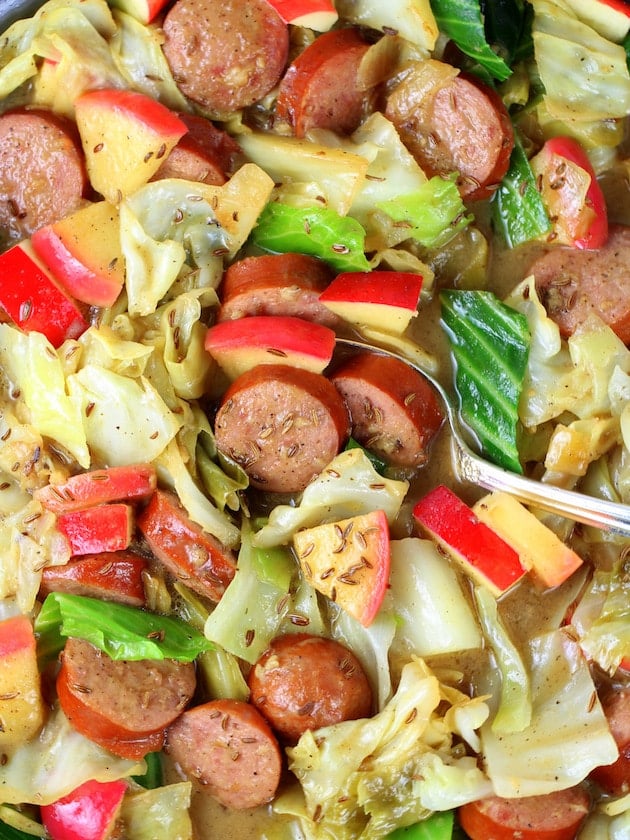 One-Pan Kielbasa and Fried Cabbage Up Close Skillet Over Top