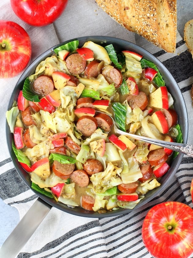 Skillet of kielbasa and fried cabbage