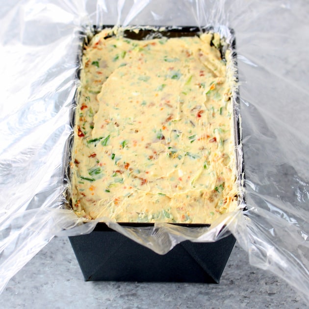 Bacon Ranch Cheese dip in loaf pan before wrapping