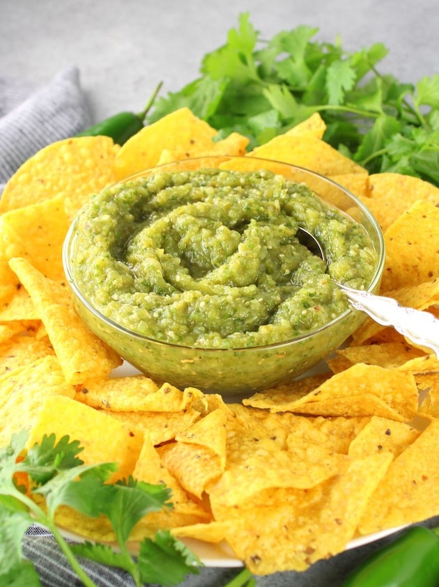 Plate of chips and salsa verde