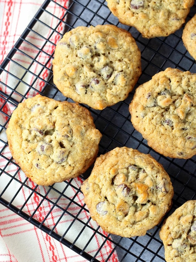 Chocolate Chip Butterscotch Cookies on a cooling rack.