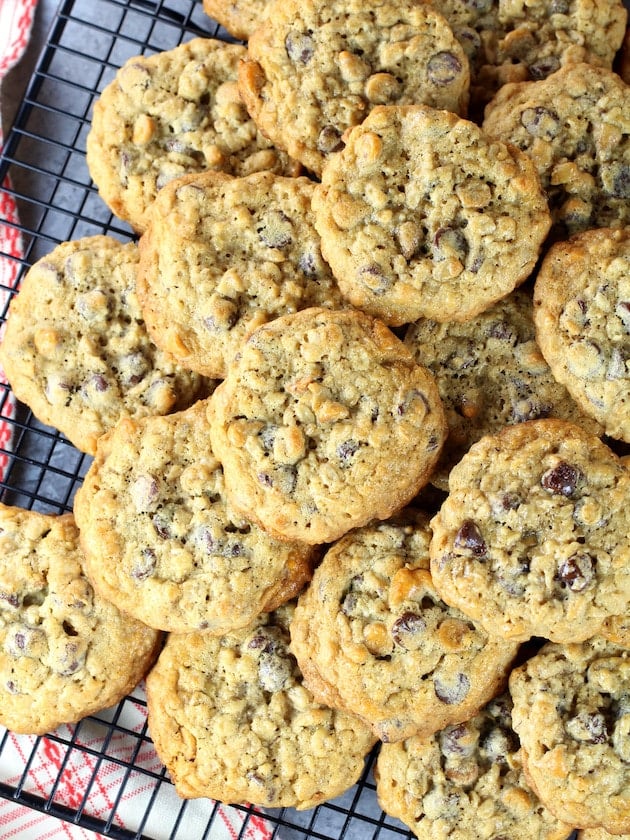 Stacked Oatmeal Chocolate Chip Butterscotch cookies on wire cooling rack