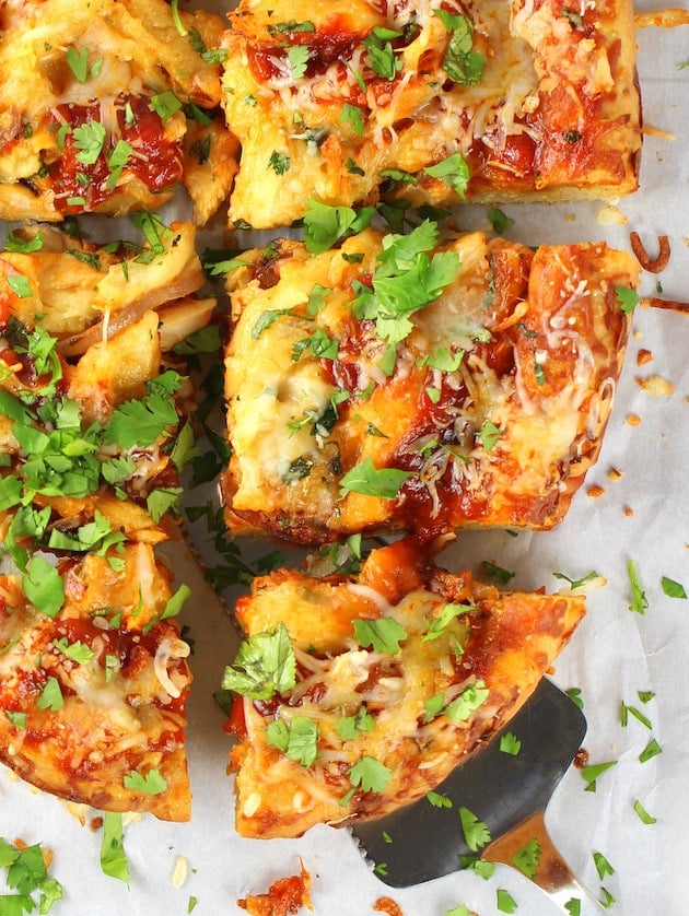 Pizza slices on parchment 