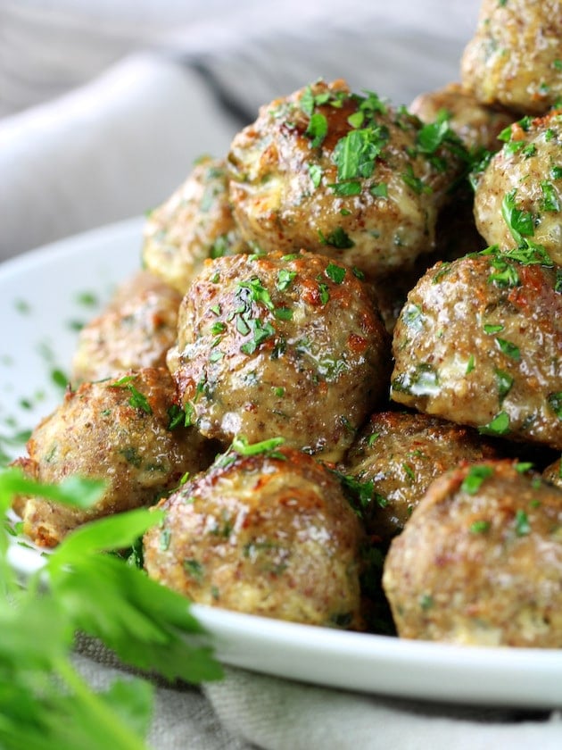 A close up of a plate of Meatballs 