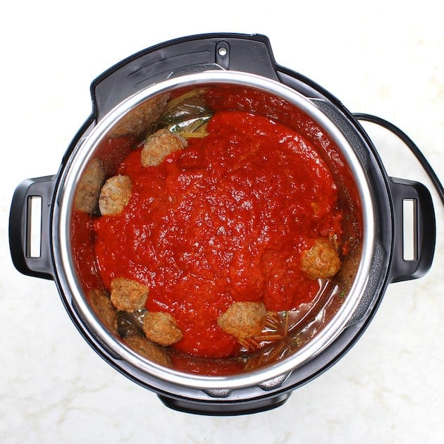 Instant Pot Spaghetti and Turkey Meatballs in pot with sauce