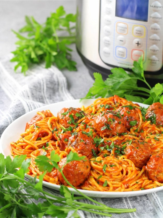 Instant Pot Spaghetti and Turkey Meatballs - on Plate of spaghetti