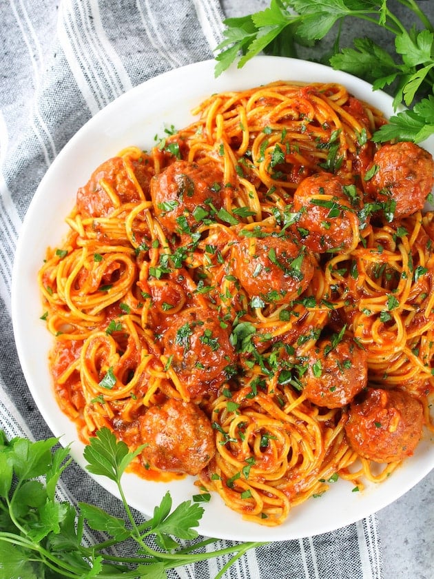 Instant Pot Spaghetti and Turkey Meatballs on Partial Platter