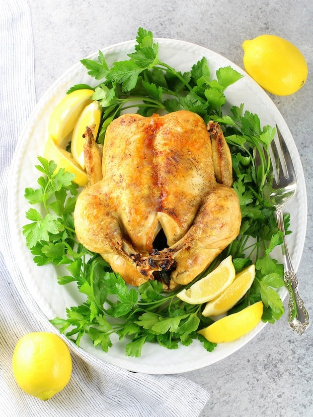 Instant Pot Whole Chicken Recipe &amp; Image - Whole Chicken Over Top On Platter