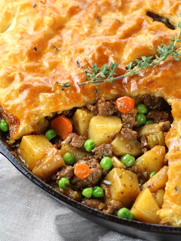 Cottage Beef Pot Pie with Potatoes and Parsnips partial pan of pot pie