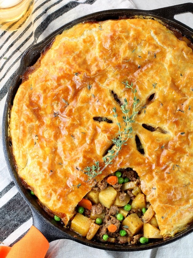 Cottage Beef Pot Pie in skillet with puff pastry