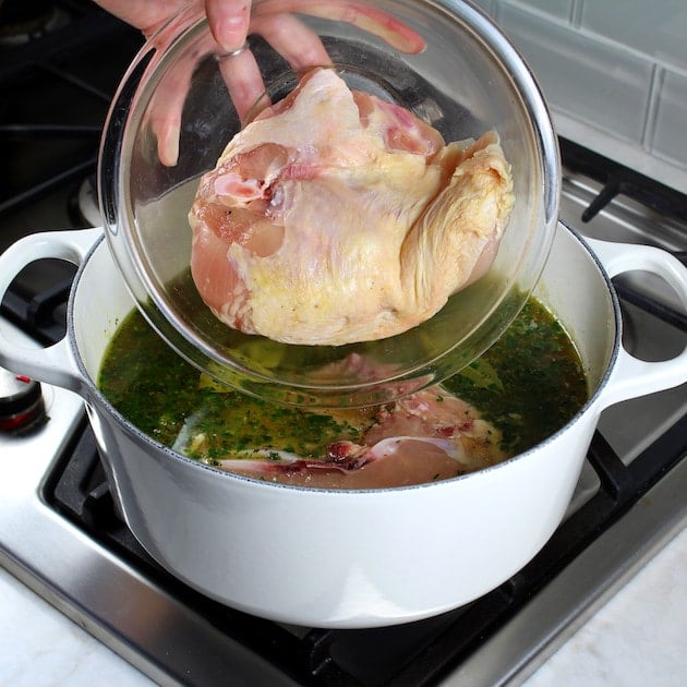 How to make Creamy Tortellini Soup with Chicken - adding chicken to the pot