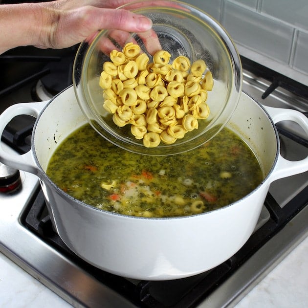 How to make Creamy Tortellini Soup with Chicken - adding tortellini