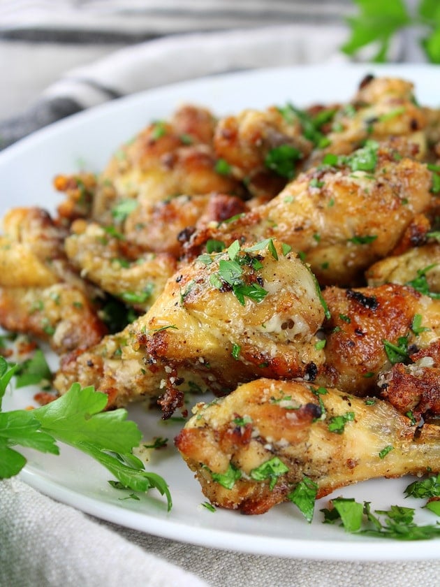 Instant Pot Garlic Parmesan Chicken Wings Recipe & Image: platter of wings.