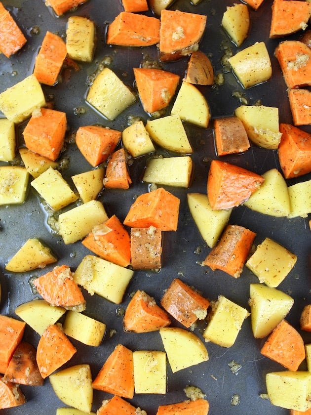 Baked Pork Chop Recipe with Honey Mustard Sauce Image - sweet potatoes and Yukon gold potatoes