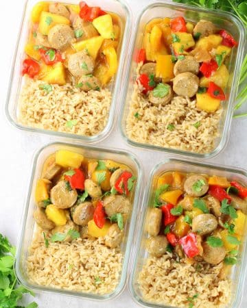 Meal prep containers with Chicken sausage Pineapple marinade
