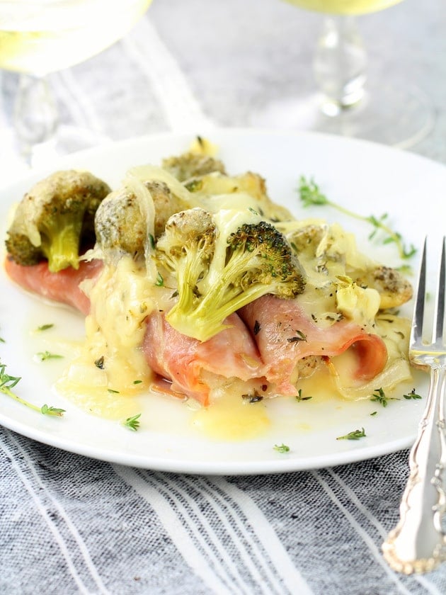 Chicken Cordon Bleu Casserole with Broccoli and Swiss Cheese - Eye Level Serving On A Plate