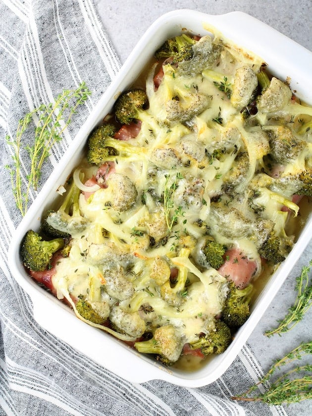 Chicken casserole with broccoli and melted Cheese.