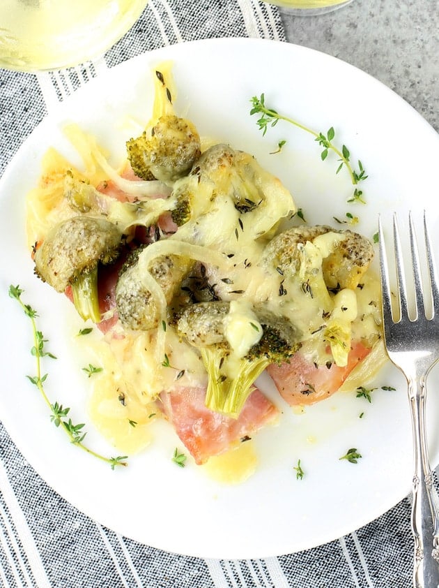 Chicken Cordon Bleu Casserole with Broccoli and Swiss Cheese - Plated Over Top Image.