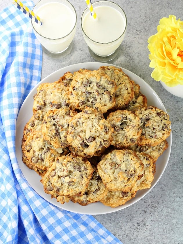 Plate of almond chocolate chip cookies