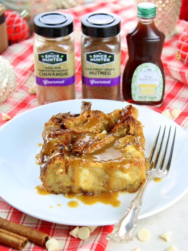 White chocolate eggnog bread pudding on plate - recipe and image