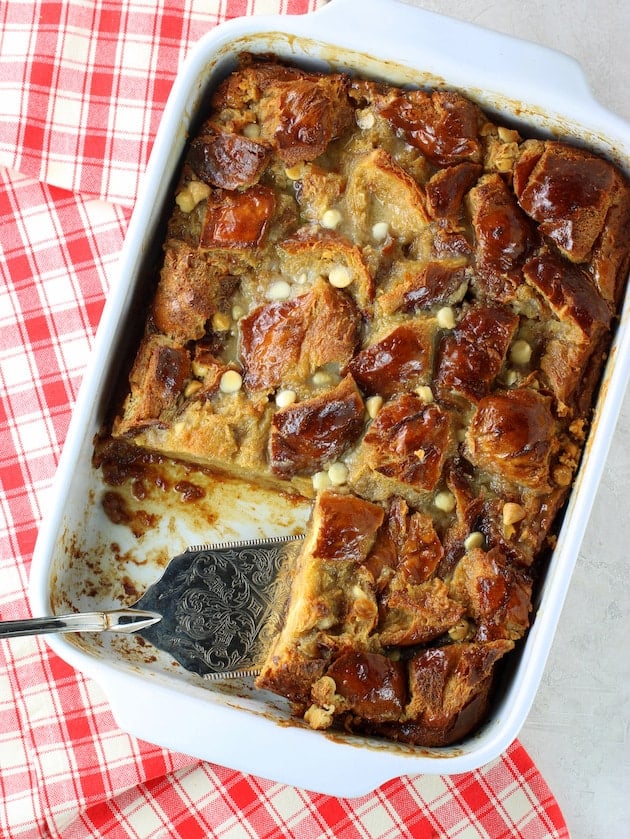 Baking dish with white chocolate bread pudding