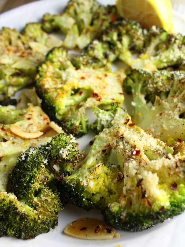 Broccoli Roasted with Parmesan and sliced garlic 