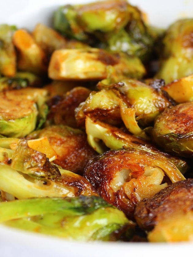 Close up eye level of Caramelized Brussels Sprouts