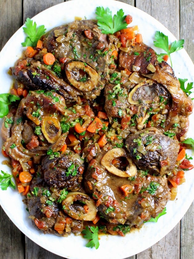 Platter of tender cooked veal with shank bones.