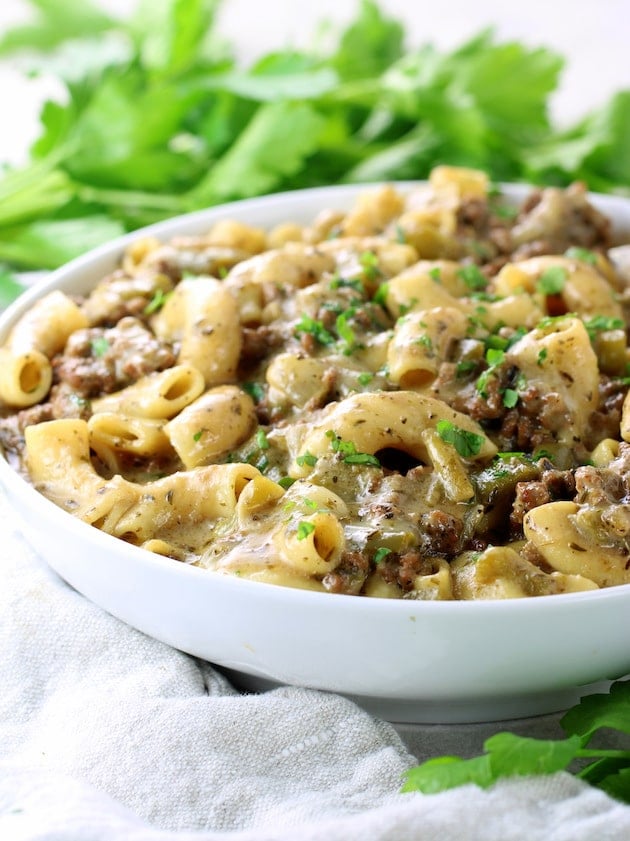 Eye Level Philly Cheesesteak Pasta in a bowl