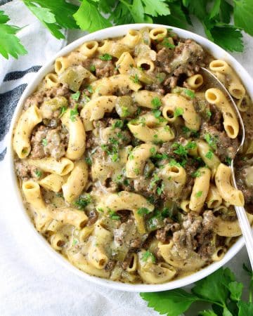 Philly Cheesesteak pasta in serving bowl