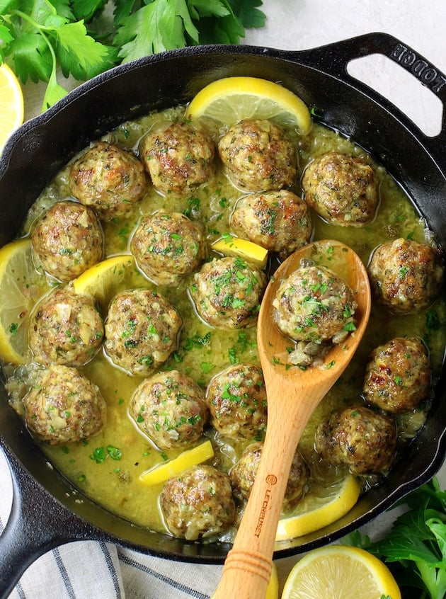 Italian veal meatballs in a skillet