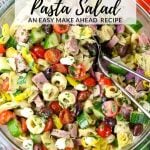 A Pinterest pin with a large bowl of Italian Tortellini Pasta Salad.