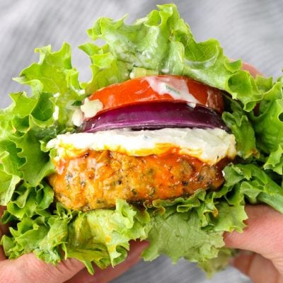 Buffalo Chicken Burgers with Blue Cheese Sauce