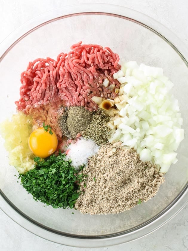 Bowl of Salisbury steak meatball ingredients before combining