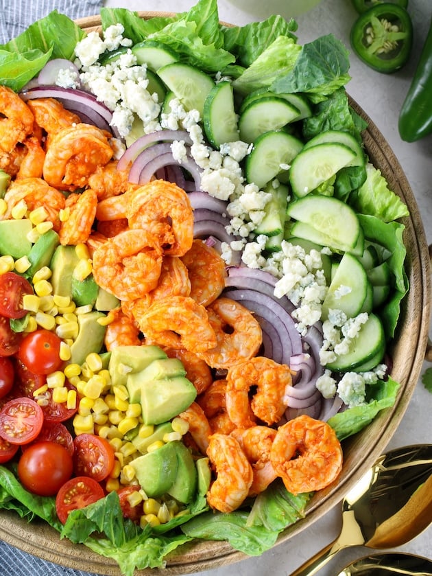 Partial Platter overhead cobb salad with buffalo shrimp